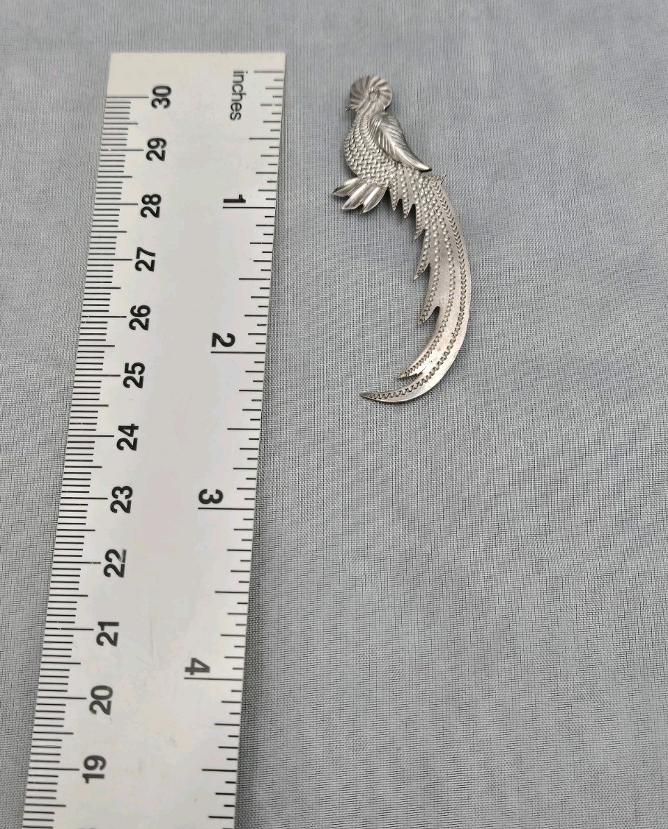 Quetzal Bird Figural 900 Silver Detailed Signed Guatemala Vintage Pin Brooch