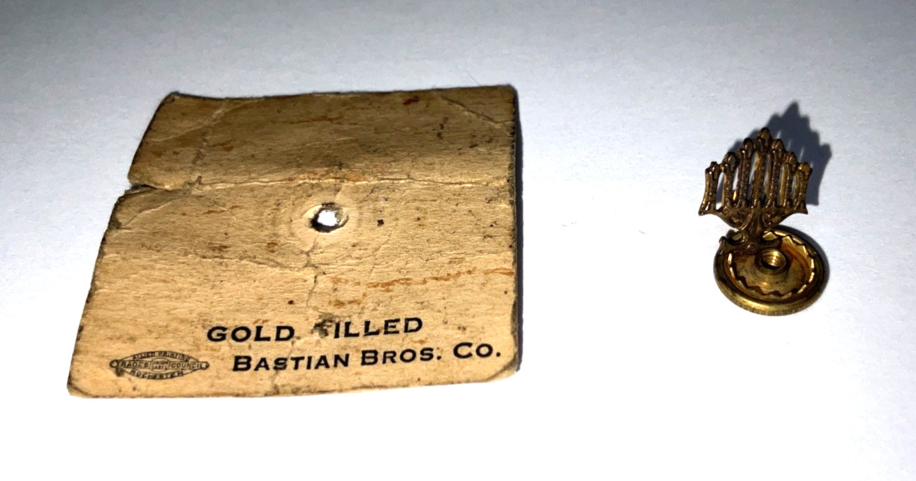 Vintage Bastian Bros Mid Century Gold Filled Menorah Tie Tack Lapel Pin w/ Card