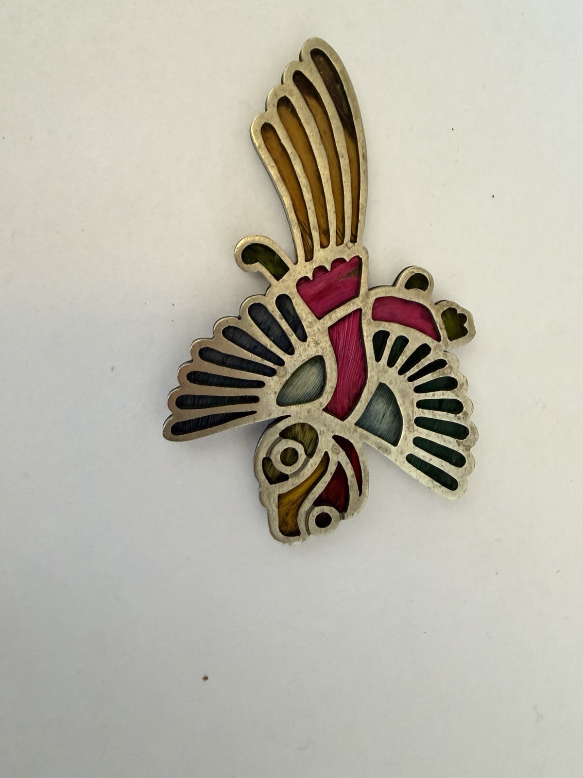 Vintage Los Castillo Pluma Azteca Exotic Silver-plated & Feather Bird Brooch