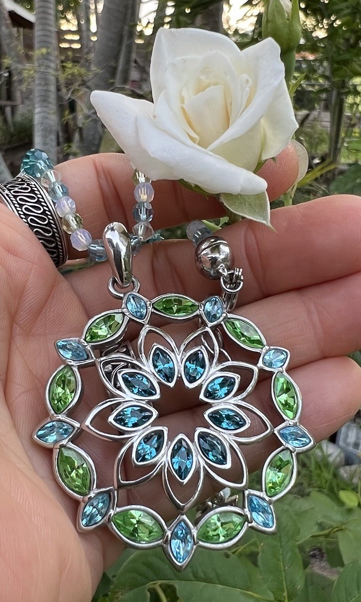Swarovski Crystal Mandala Medallion Statement Necklace Blue Green Teal Swan VTG