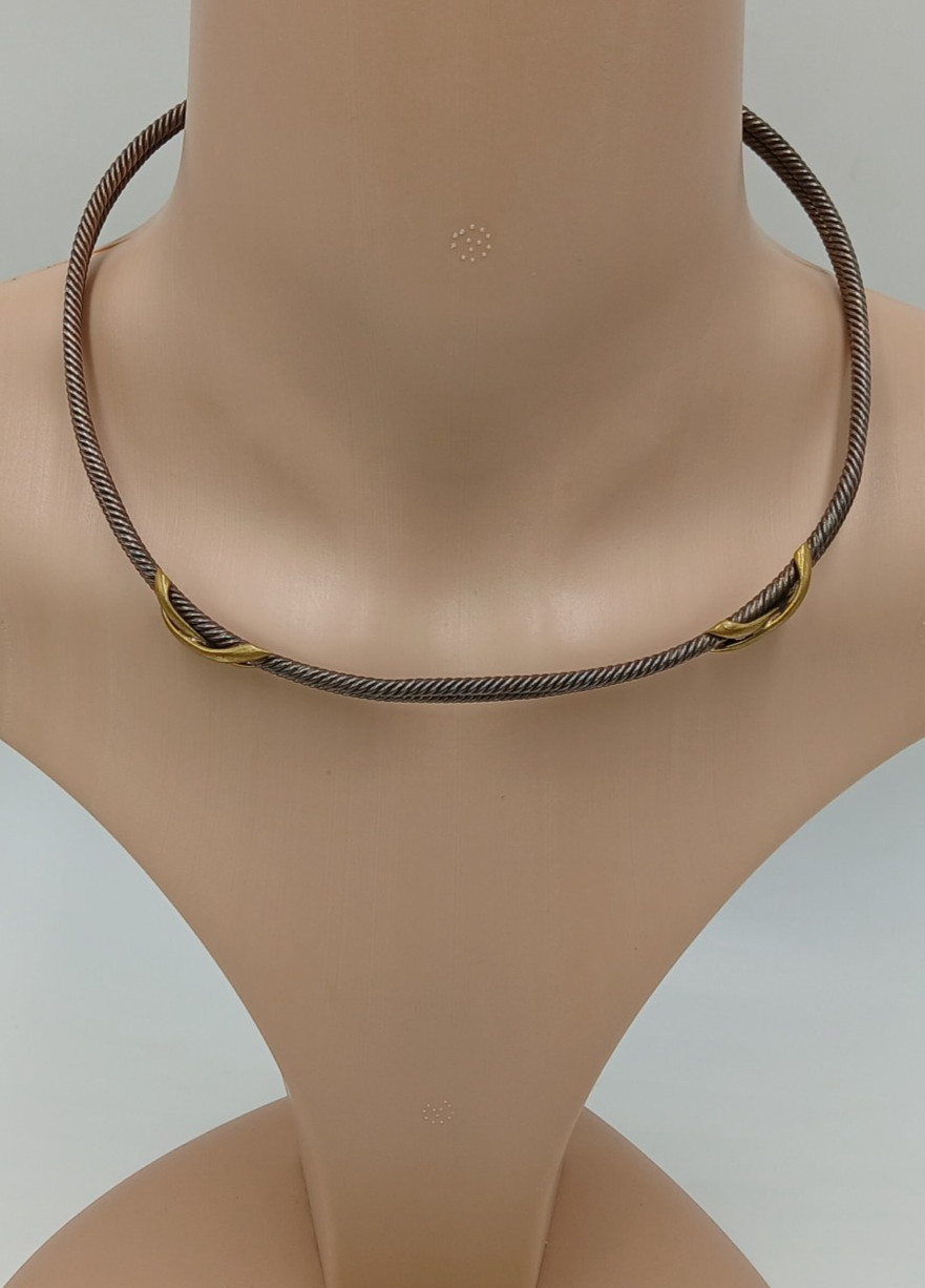 VTG 925 Taxco Mexico Heavy Cable Choker Necklace 61g Two Tone Accent End Caps