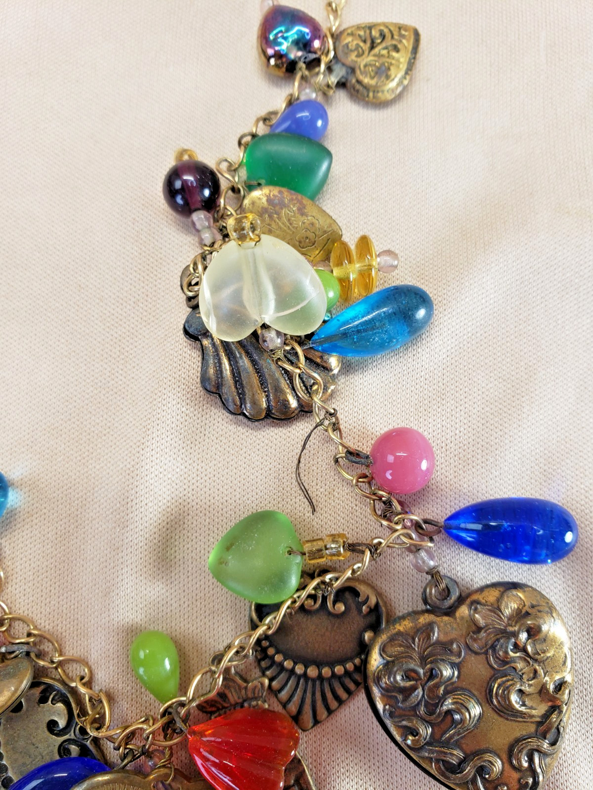 Vintage Ornate Hearts and Glass Charms Necklace Glass Works Studio Style AS IS