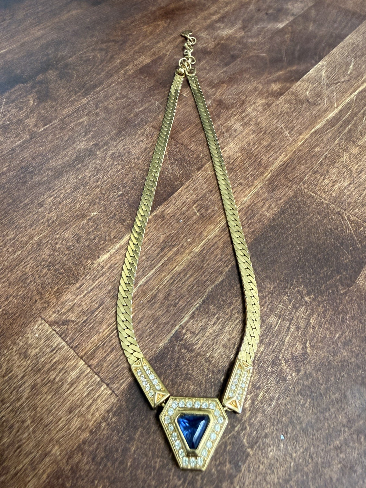 Vintage Christian Dior Blue Crystal Geometric Statement Necklace Gold 17-19”