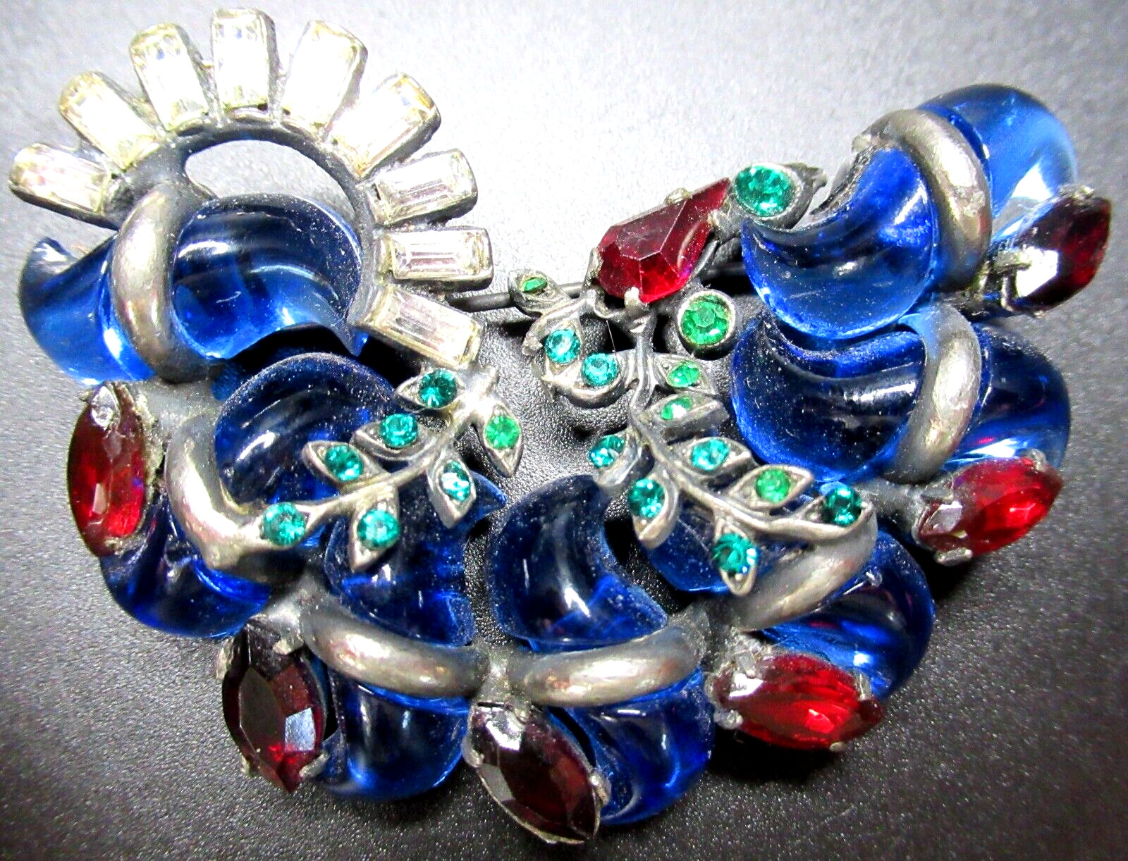 Amazing FRENCH Mogul Red Blue Green RARE S Shaped Vintage Pin Brooch