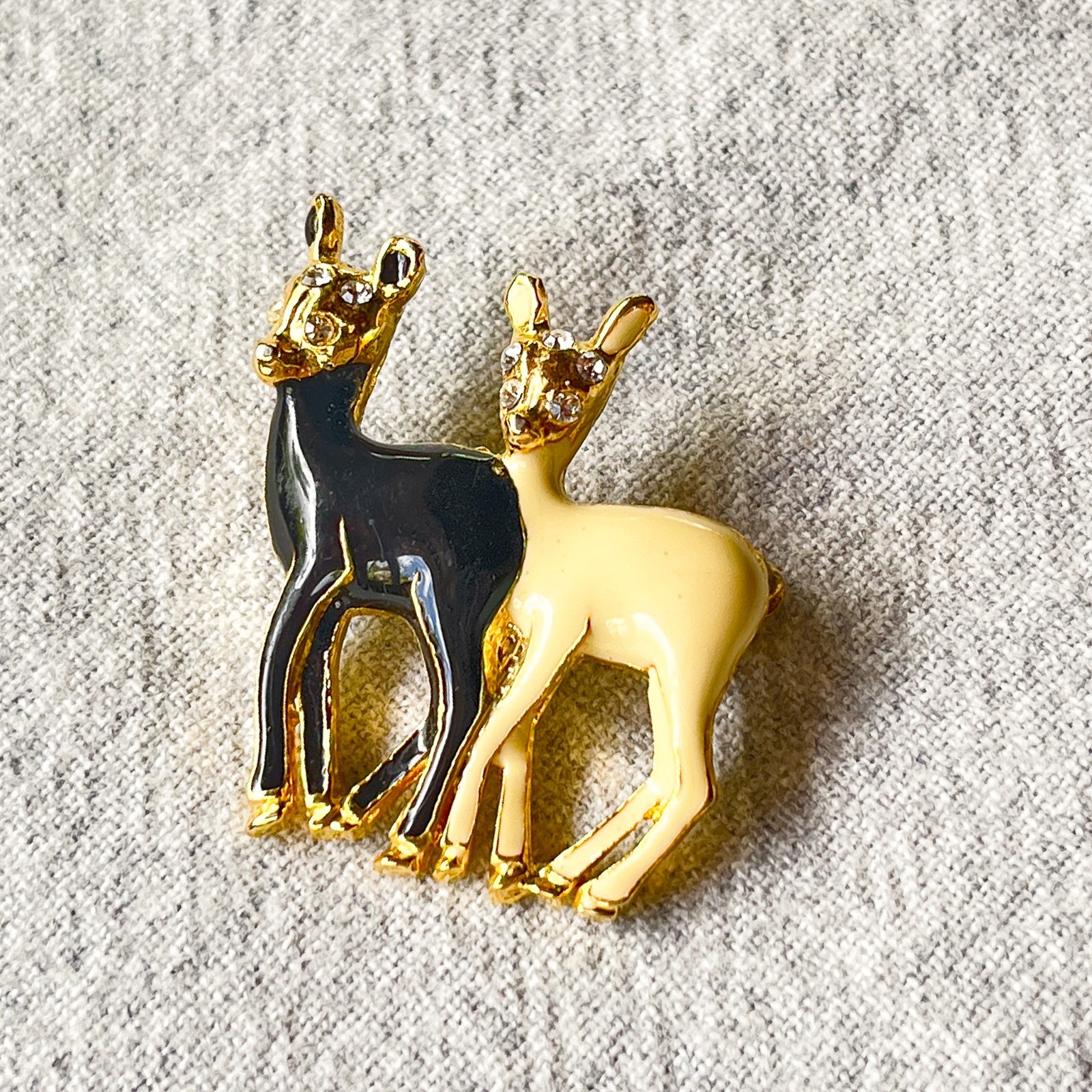 Ebony & Ivory Enamel Deer Brooch Rhinestone Gold Tone Animal Pin Costume Jewelry