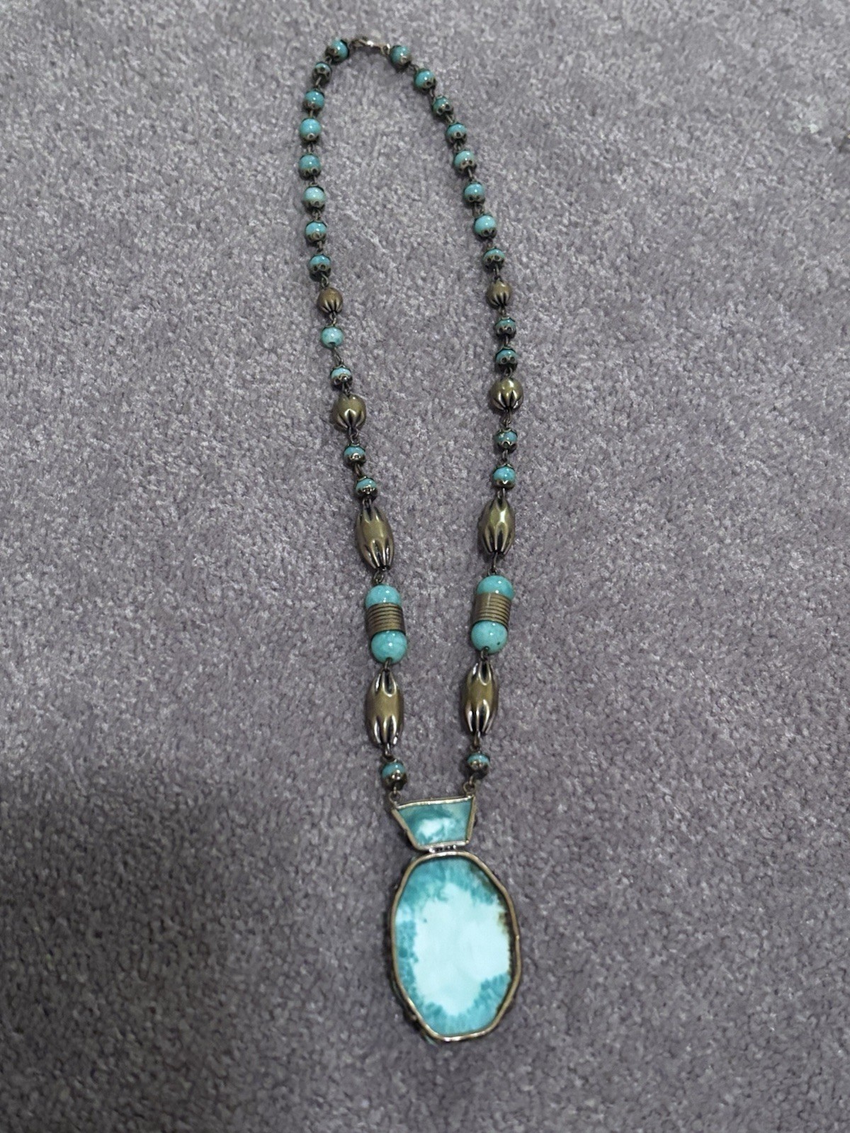 Gold Filled Clasp Stone Pendant Necklace Turquoise? Brass? Beads