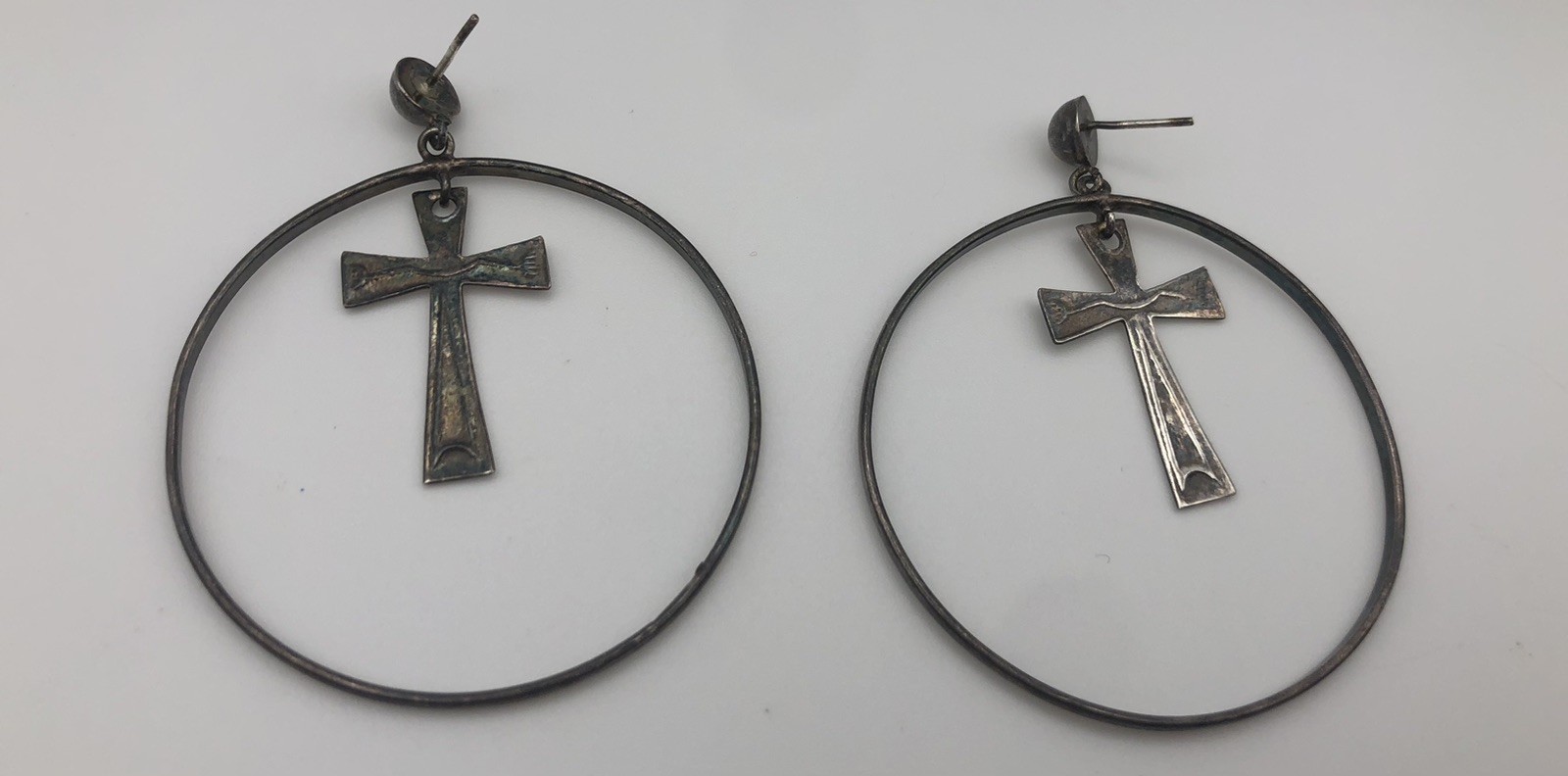 1980s Goth Sterling Silver Cross Circle Large Earrings 925 Dangle 11.4 Grams