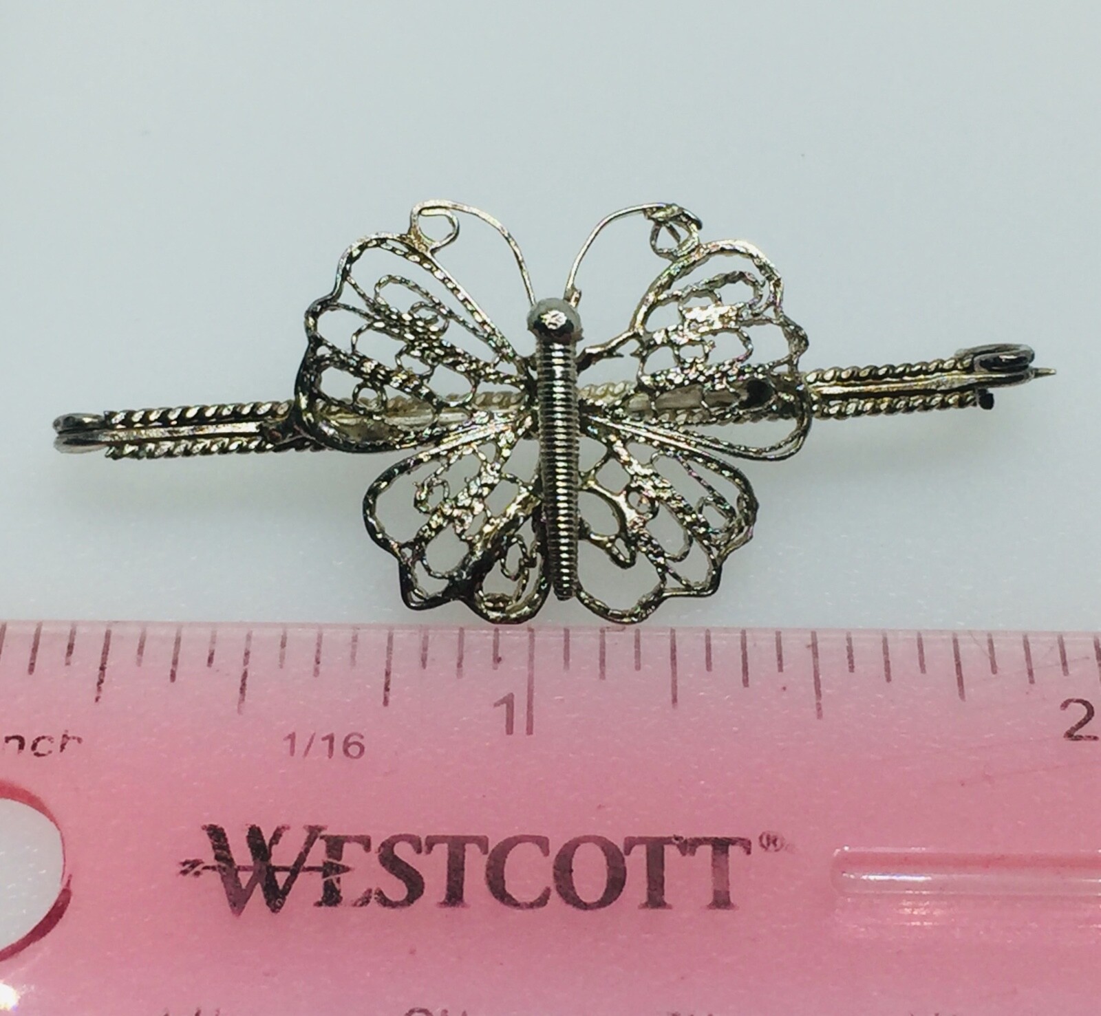 Victorian Sterling Filigree Butterfly Bar Pin with C Clasp