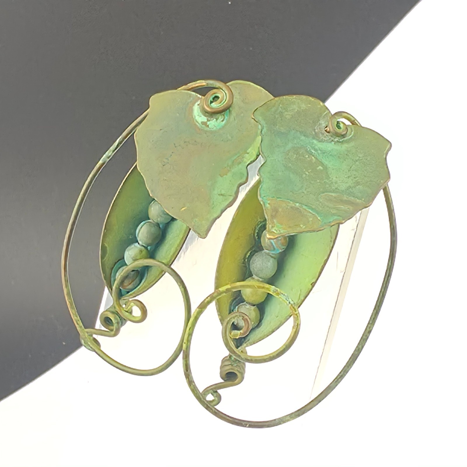 Vintage Hand Made Verdegris Green Pea Pod Drop Earrings 2″ Pierced