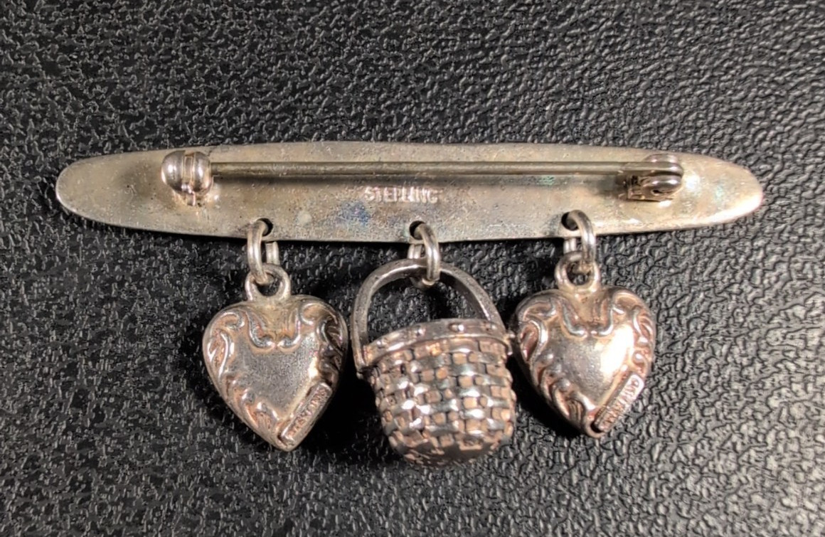 Bar Brooch Flowers &Scroll Design – Hearts and Basket Dangles – Sterling – Vtg