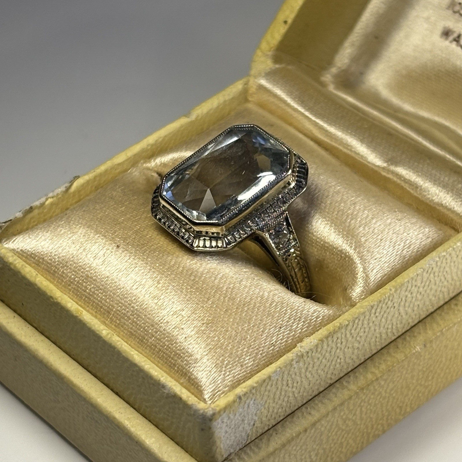 Vintage 14k White Gold Aquamarine Ring Art Deco Style Emerald Cut Estate