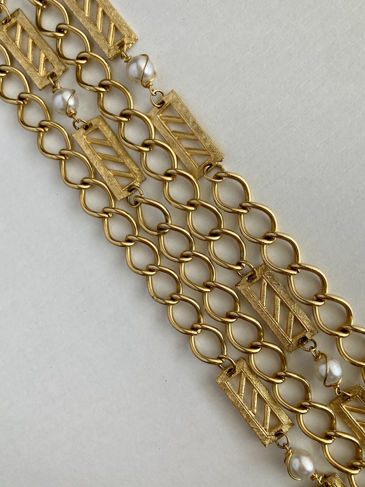 Vintage Gold Tone Bar Faux Pearl Station Oval Link Chain 52 inch Necklace 89.13g