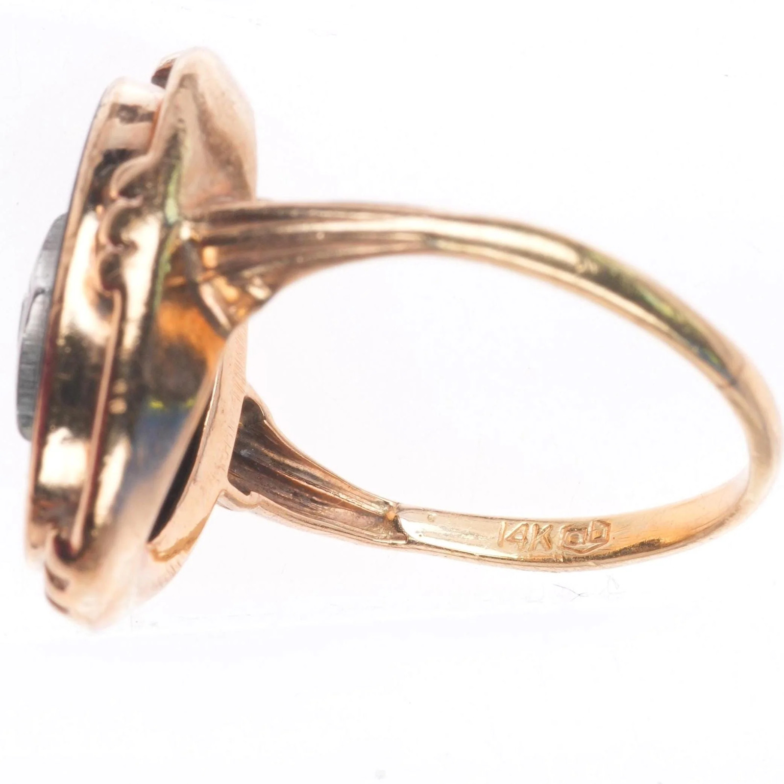 sz7.5 Antique 14k yellow gold diamond, platinum onyx women’s size 7.5 ring