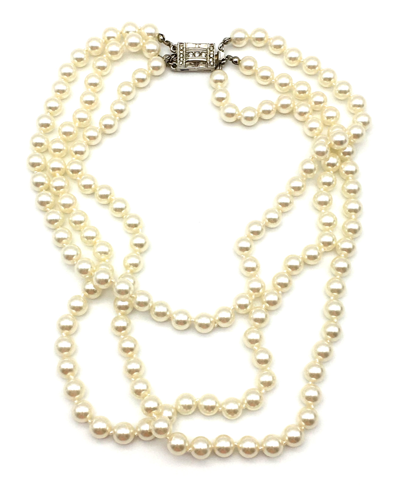 Vintage Cream Color Glass Pearls 3 Strand Hand Knot 15″ Necklace Pave Push Clasp