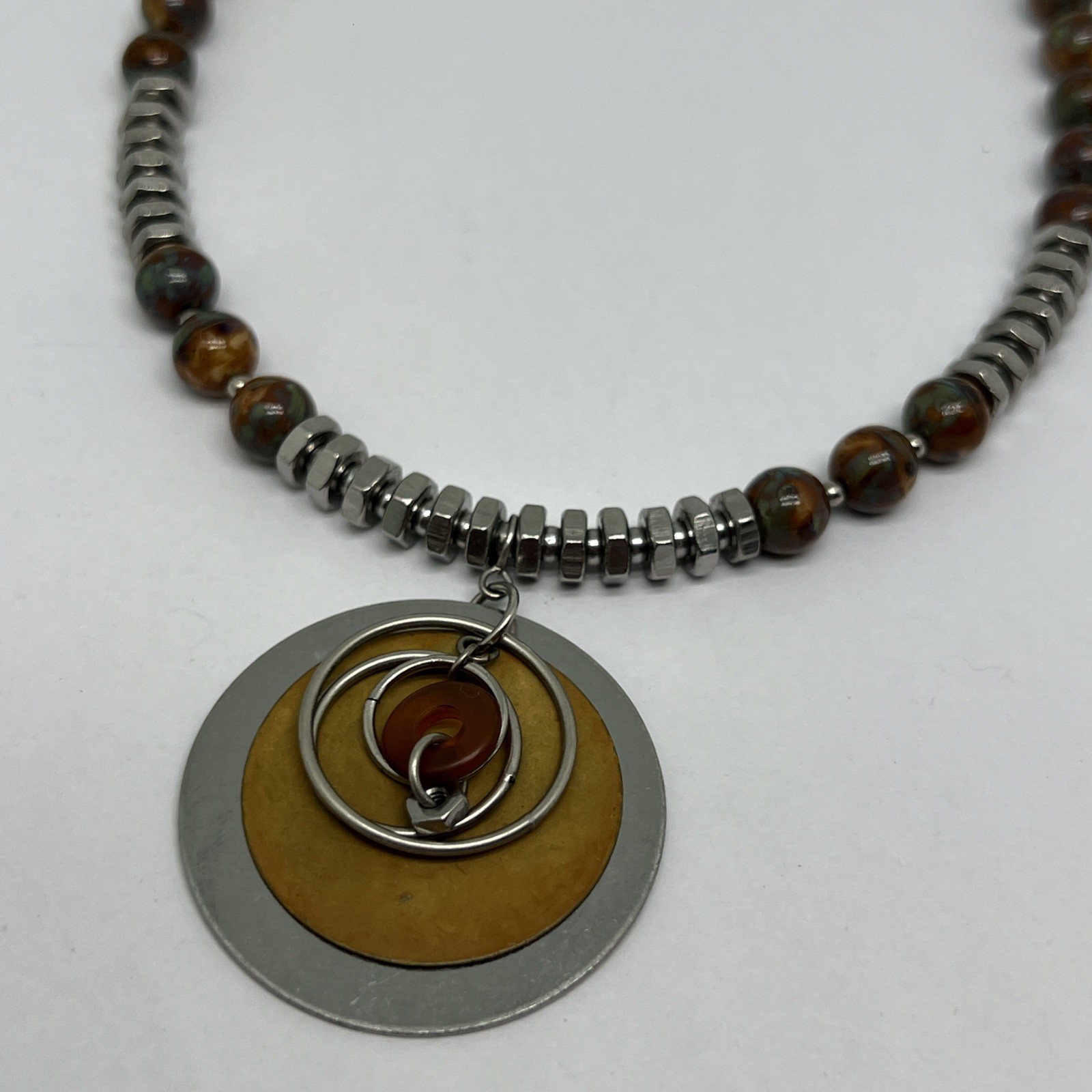 Vintage Modernist Geometric Disk Pendant Necklace Industrial Metal Resin Bead