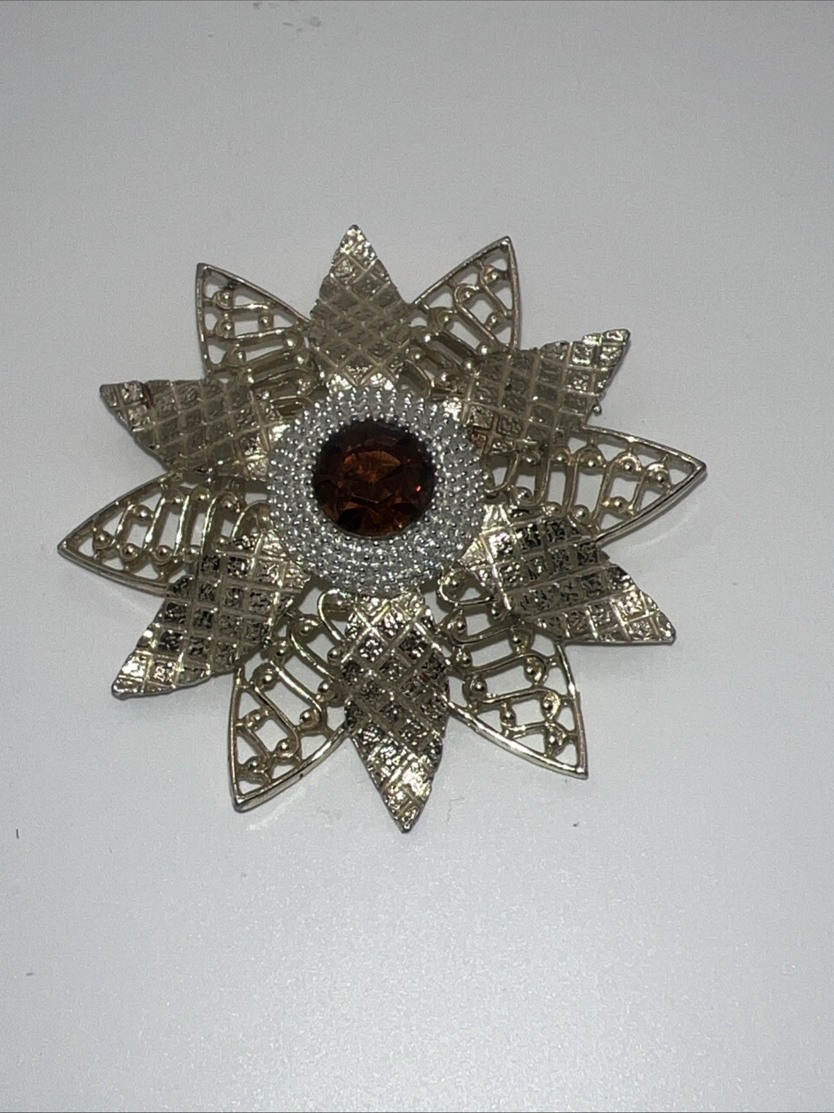 Vintage CATHE Brooch 2 3/4 In Wide Silver & Gold Rhinestone Amber-Hard to Find