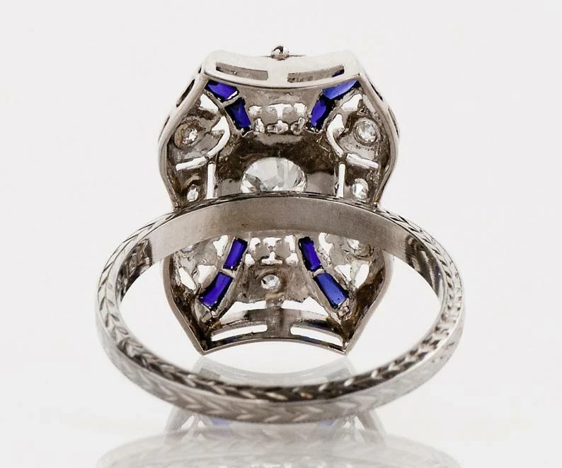 Art Deco Style 1.2Ct Lab Created Diamond Sapphire Wedding Ring 14K White Gold FN