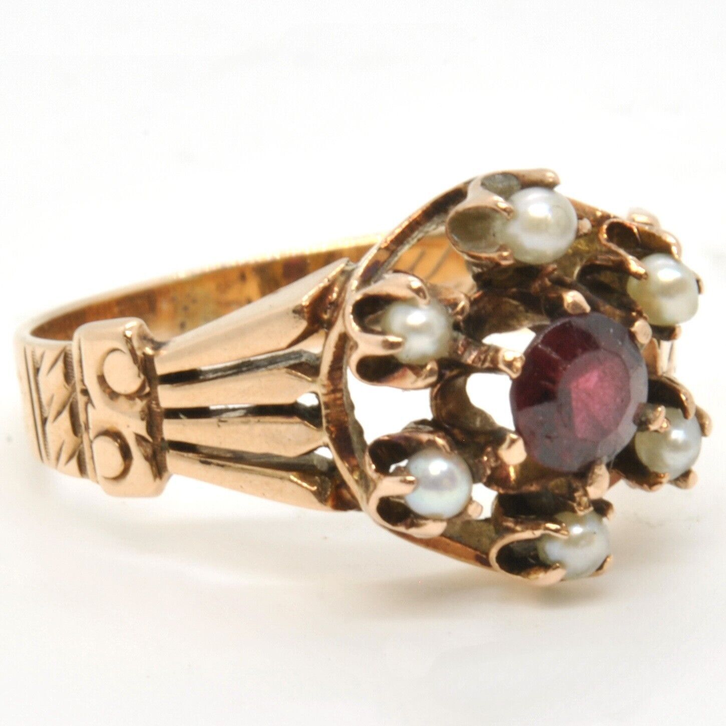 Antique Victorian Ladies 9k Pink Gold Red Spinel Seed Pearl Gemstone Estate Ring
