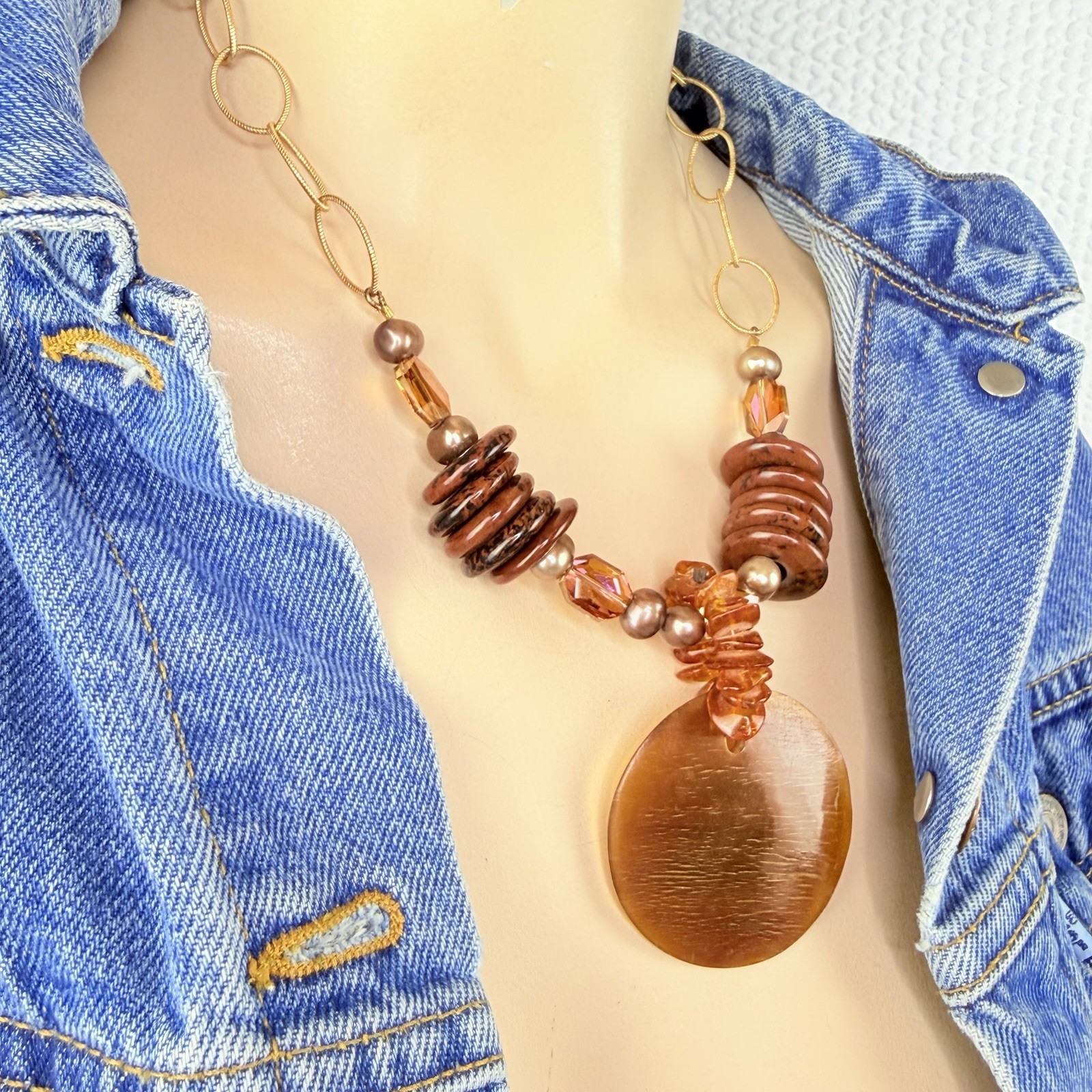 Vintage 14K Gold Filled Baltic Amber Pearl Chunky Chain Link Pendant Necklace