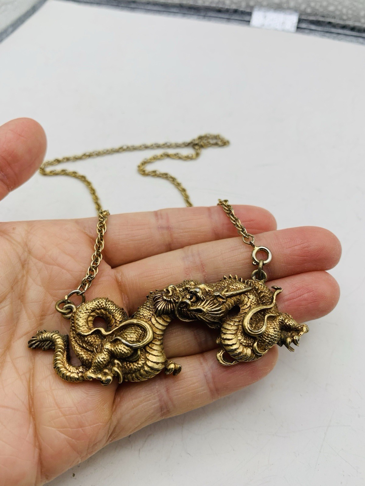Vintage Alva Museum Replica Gold Tone Menuki Asian Japanese Dragon 18” Necklace