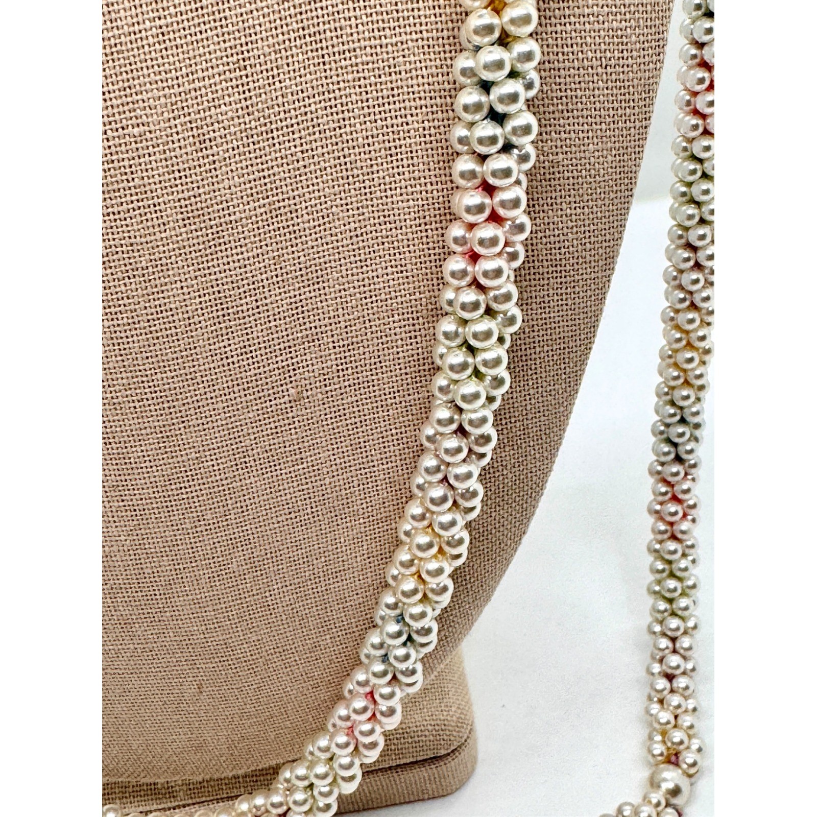 Vintage Faux Pearl Lariat Necklace Multi Strand Woven Tassel Wrap Cream 48 Inch