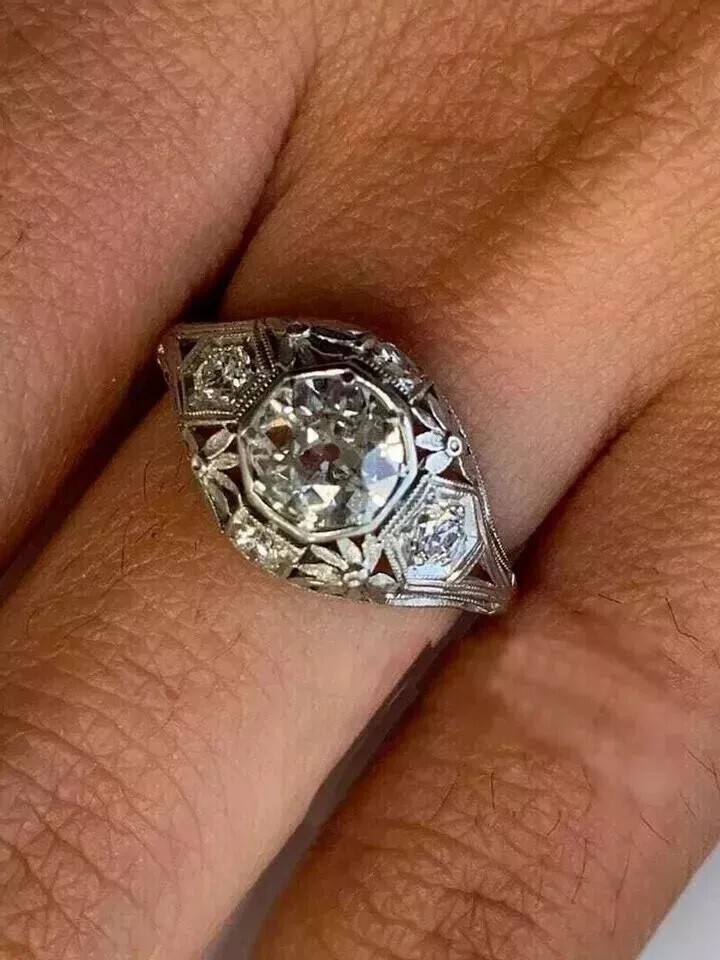 Art Deco Filigree Engagement Ring Vintage Diamond Navette Ring14K White Gold FN
