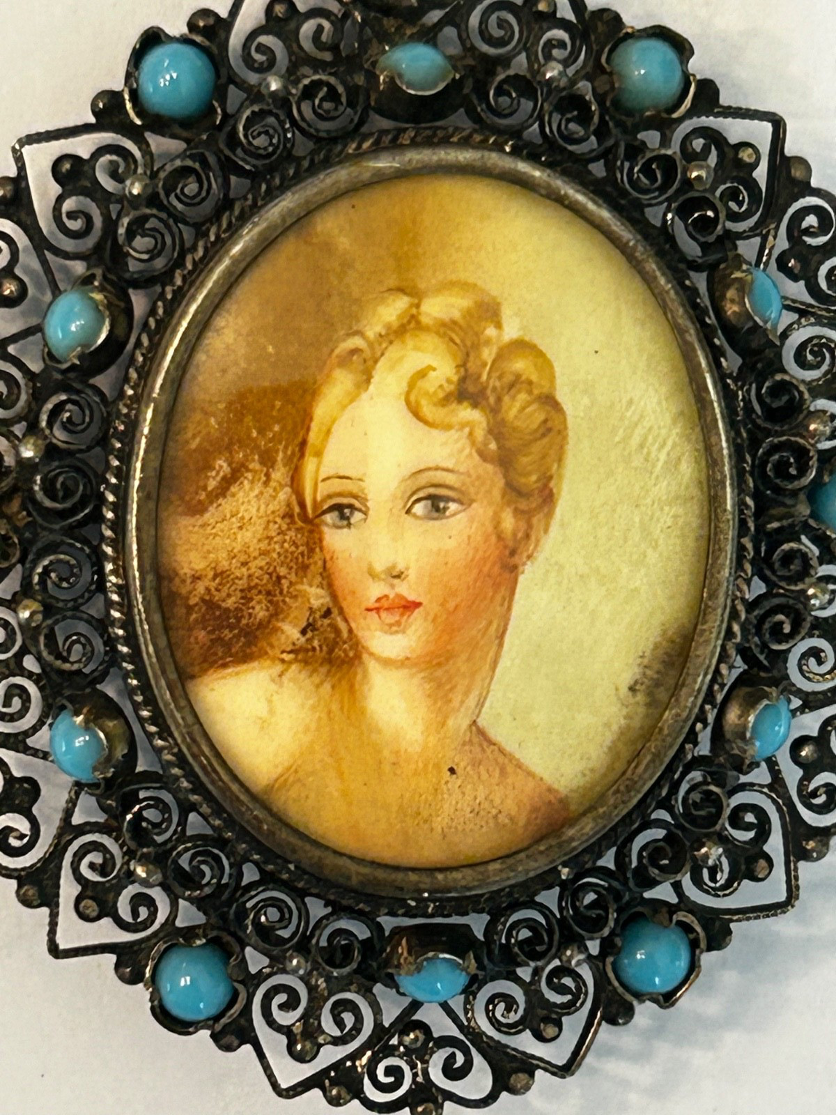 VTG Art Nouveau 800 Silver Hand Painted Lady Miniature Portrait Brooch Pin