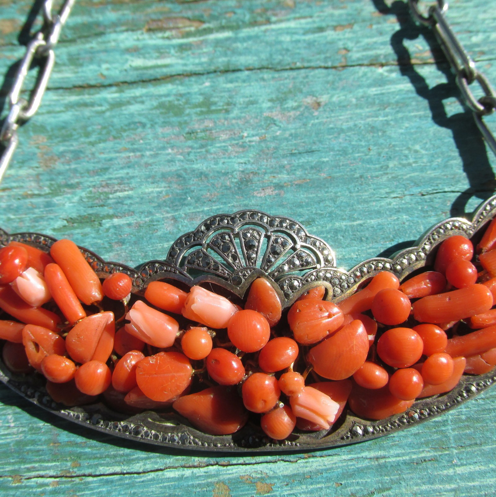 Antique Natural Coral, Marcasite and Sterling Silver Necklace Victorian 1890s