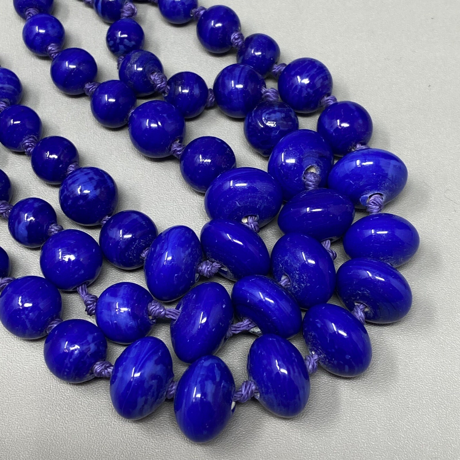 VTG Ceramic Bead Necklace Blue Marble Hand Knot Cord Chain Multi Strand Boho 21″