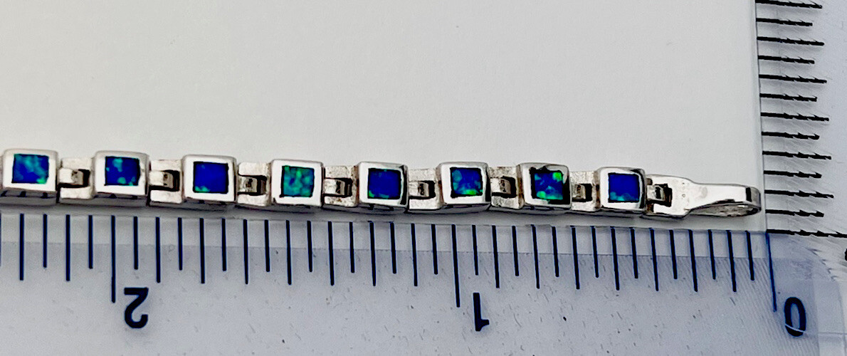Lab Created Blue Opal 925 Sterling Silver Square Link Bracelet 7 1/2”