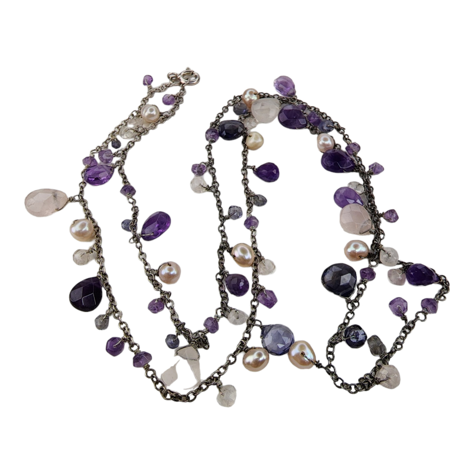 Sterling Silver 925 Necklace Faceted Amethyst Clear Quartz Pearl Beaded Dangle