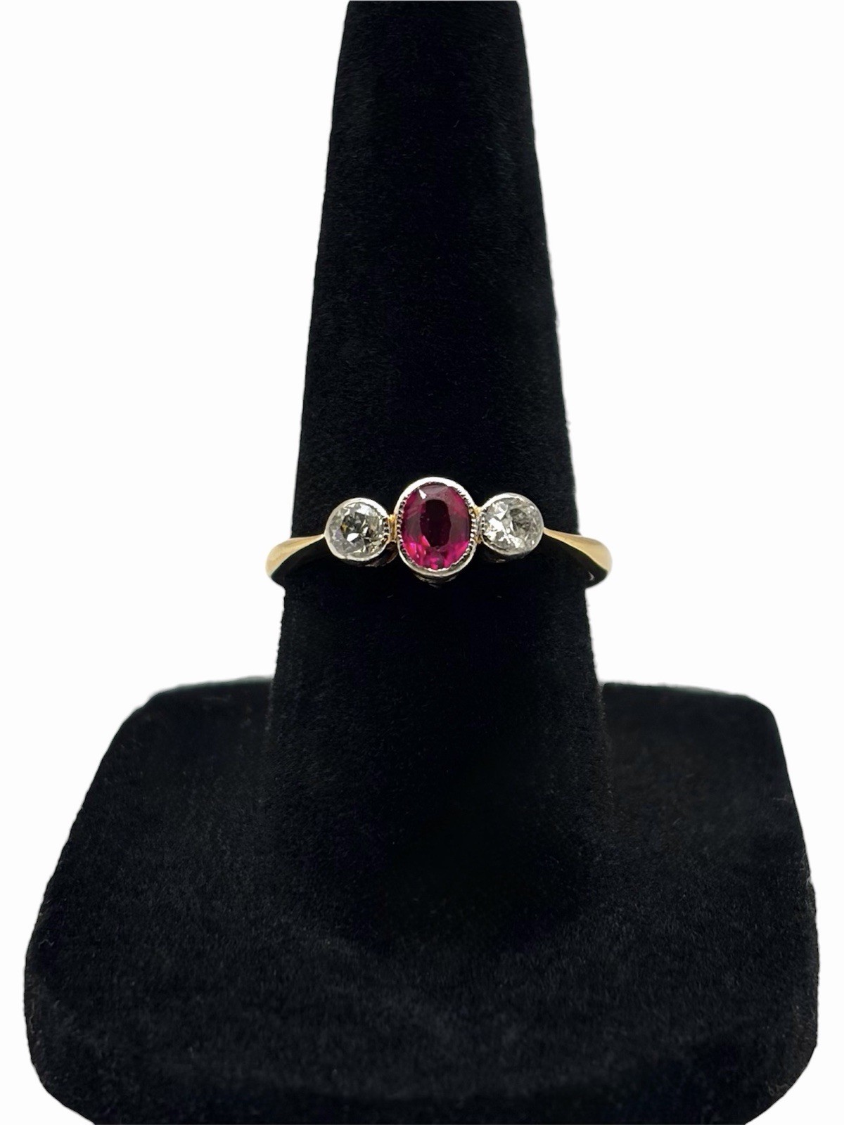 Antique Edwardian 18K Gold 3 Stone Ruby & Old European Cut Diamond Ring Size 6.5