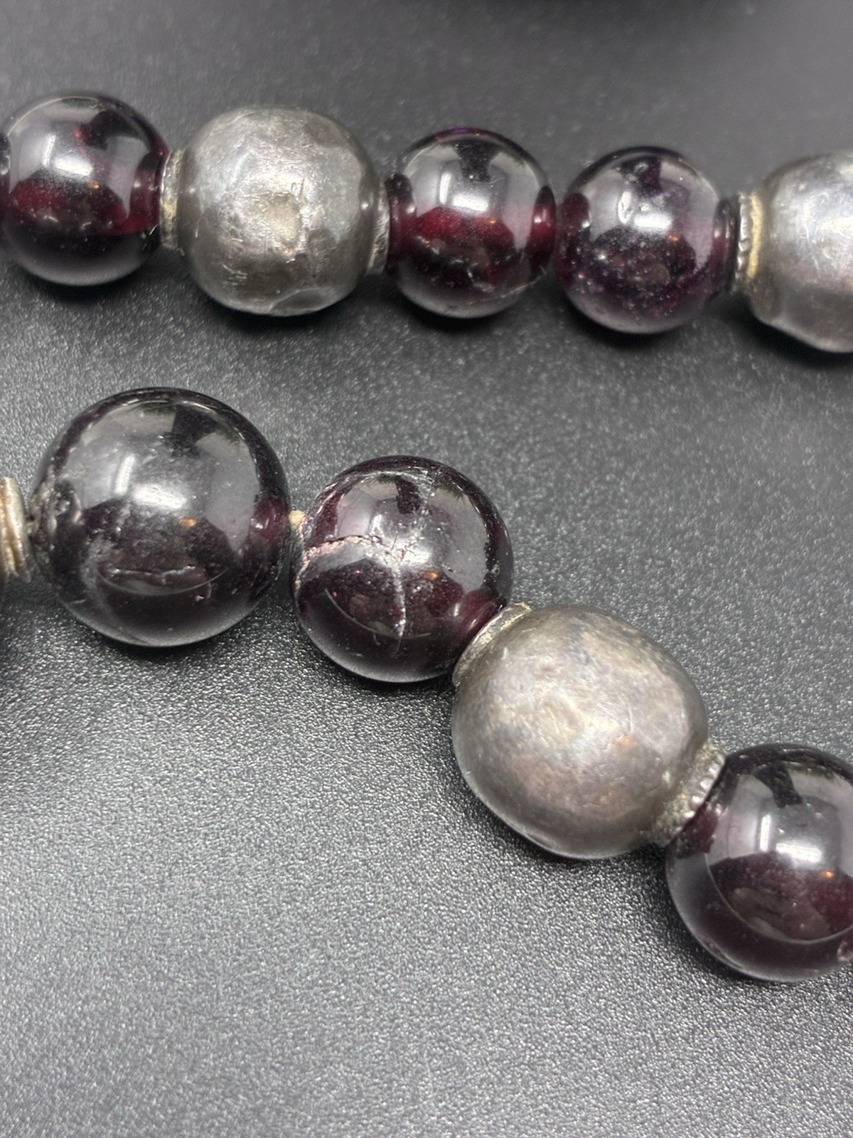 Vintage Beaded Necklace Deep Wine Glass And Artisan Silver Beads And Hook Clasp