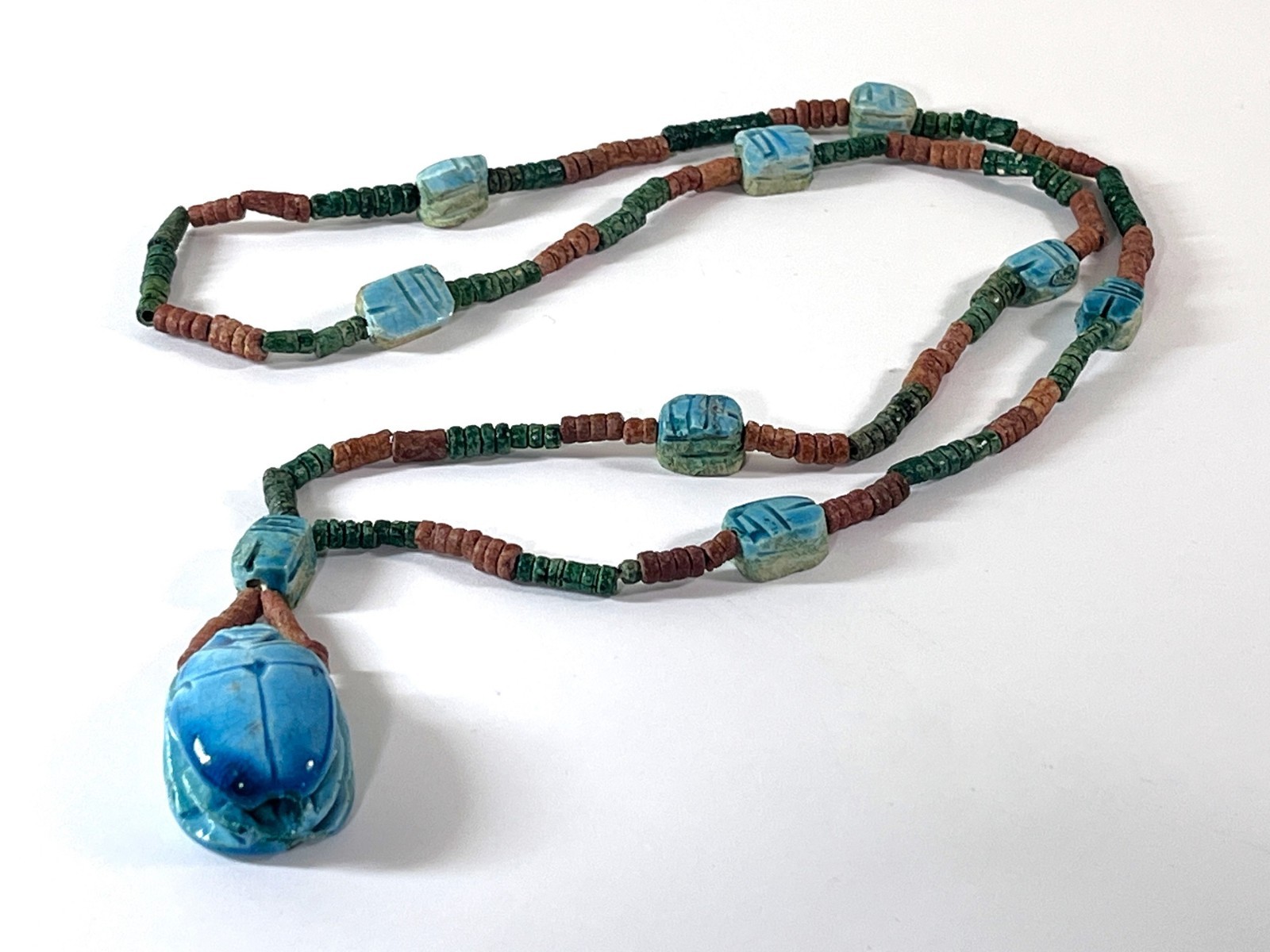 Vintage Egyptian Scarabs & Mummy Beads Necklace. 30″ Long