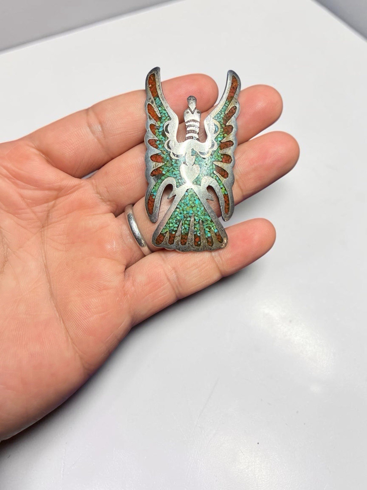 Navajo Juan T. Singer JTS Sterling Silver Turquoise Coral Thunderbird Pin Brooch