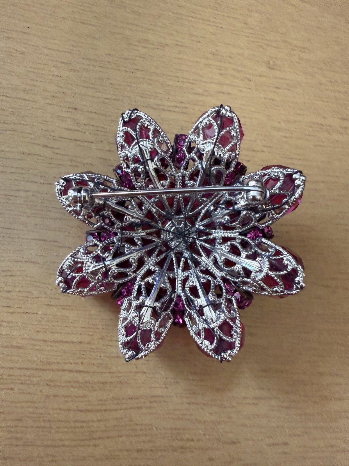 Vintage AB Red Beaded Brooch Silver Tone