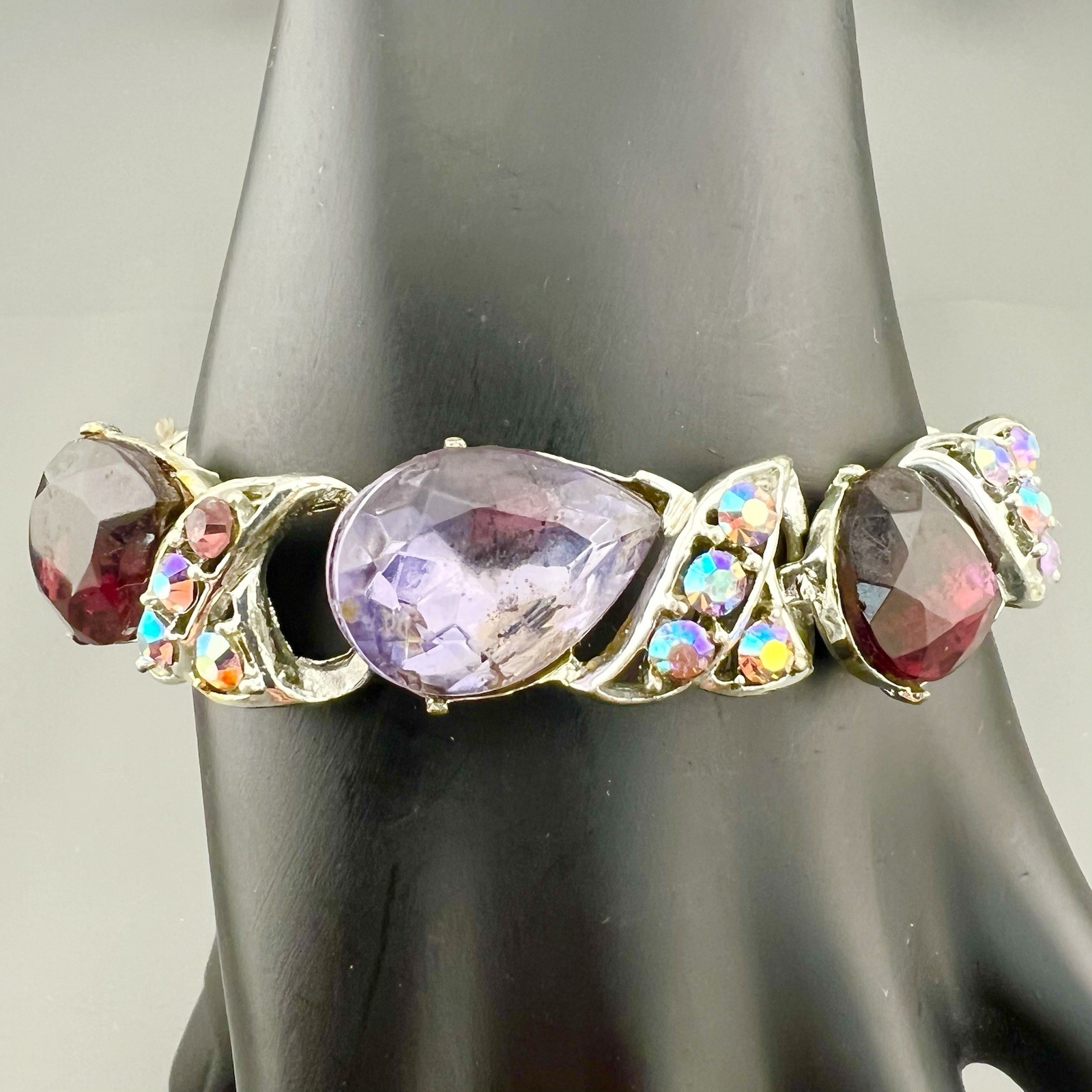 Vintage AB Rhinestone Bracelet Purple Red Link Statement Silver Tone 6.75”