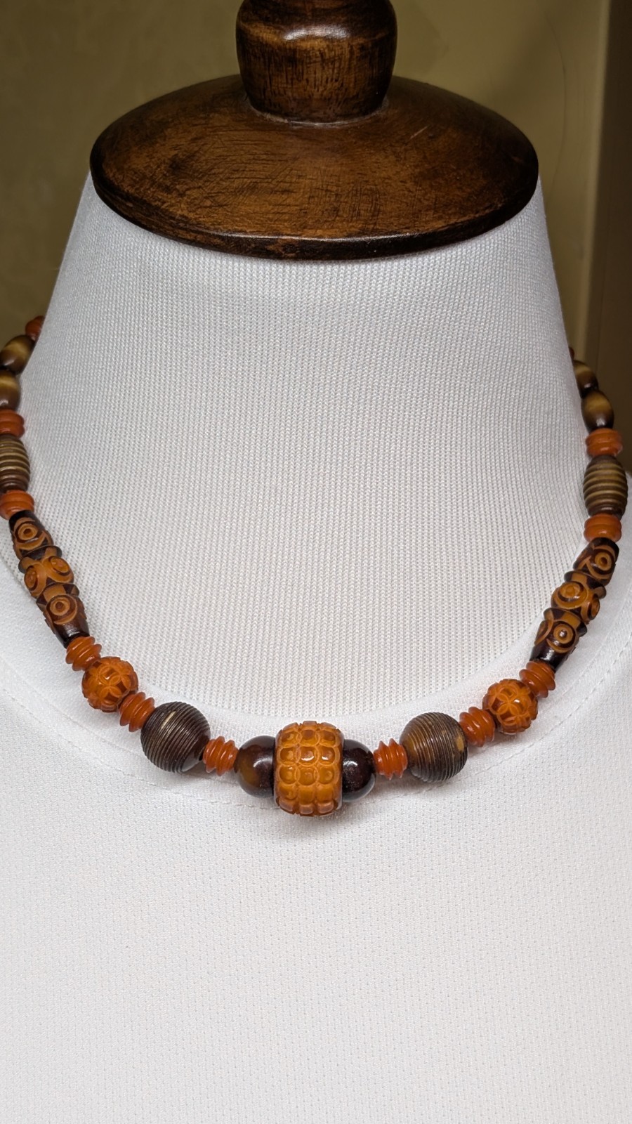 Antique Art Deco intricately carved celluloid bead necklace in Fall colors