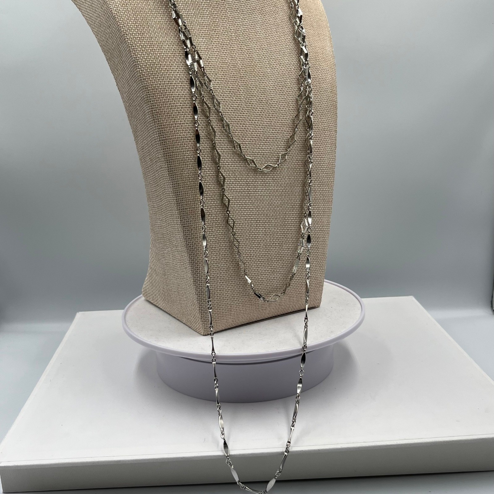 VTG Silver Tone Multi Layered Necklace Geometric Diamond Station Link Long Chain