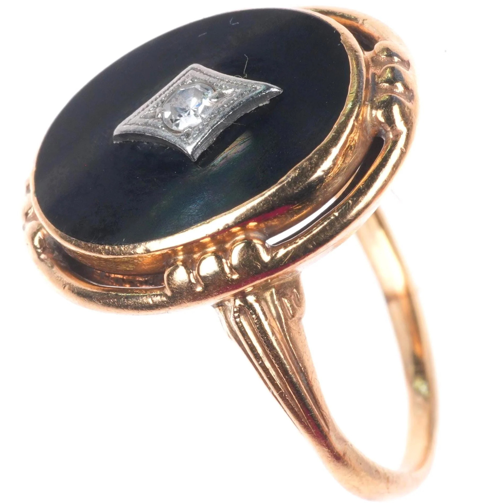 sz7.5 Antique 14k yellow gold diamond, platinum onyx women’s size 7.5 ring