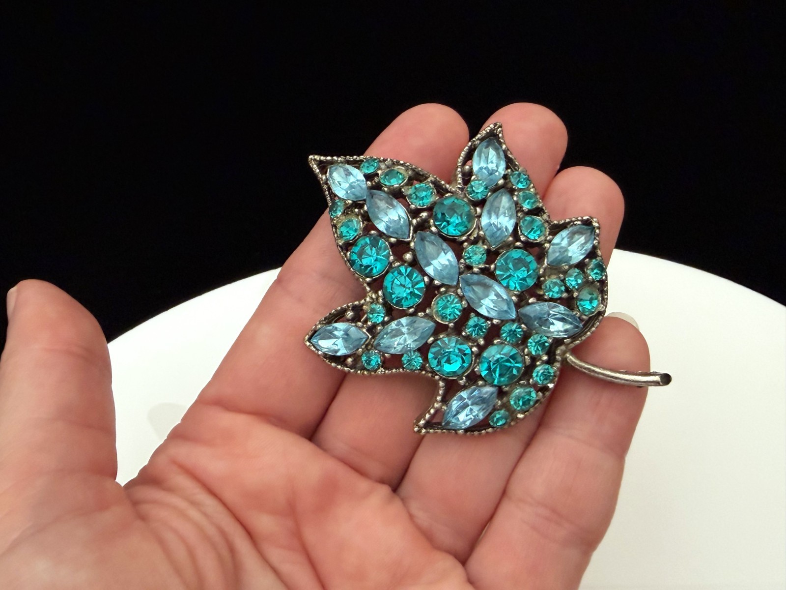 Vintage Blue & Teal Rhinestone Leaf Figural Brooch Pin