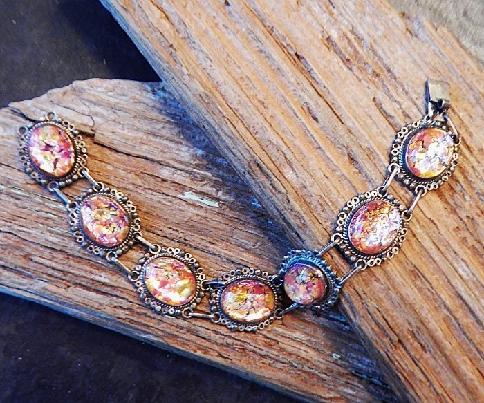 Vintage JOY MEX 925 Sterling Silver Dragons Breath Cabochon Link Bracelet K2
