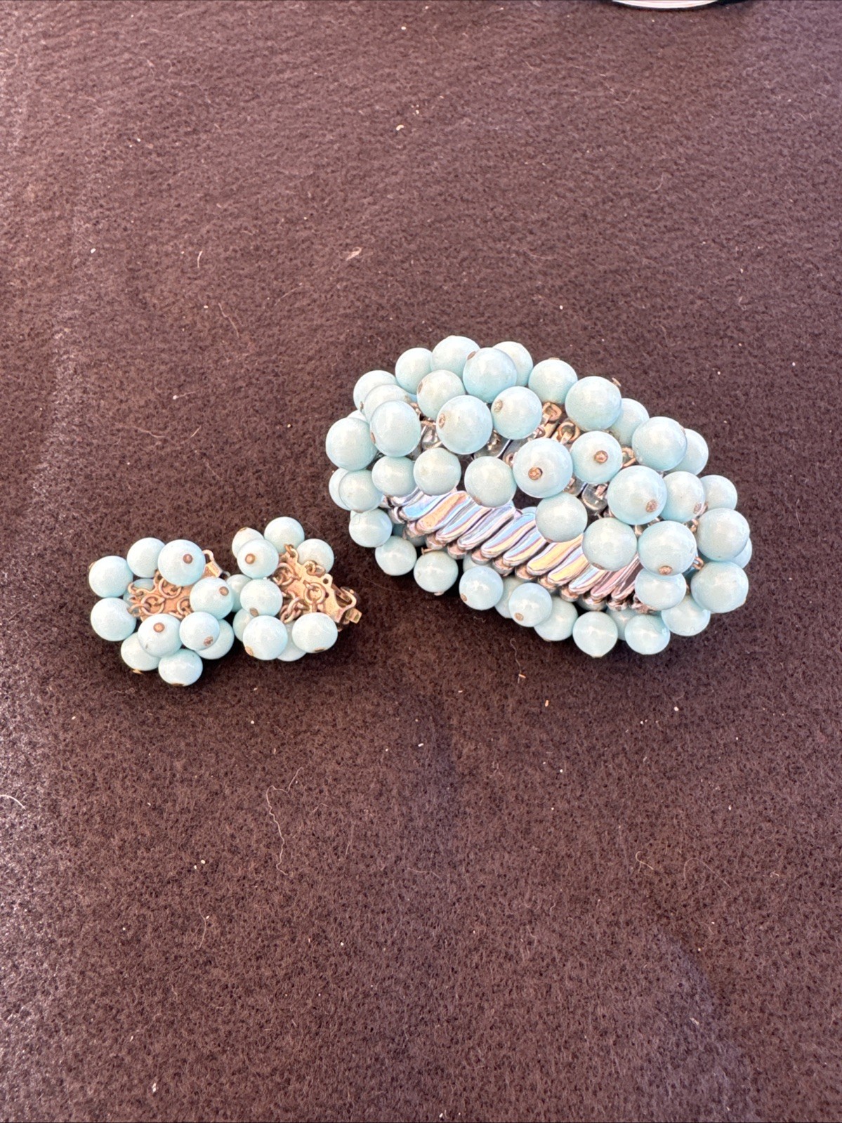 Vintage 1960s Cha-Cha Green Blue Expansion Bracelet And Clip-on Earrings Set