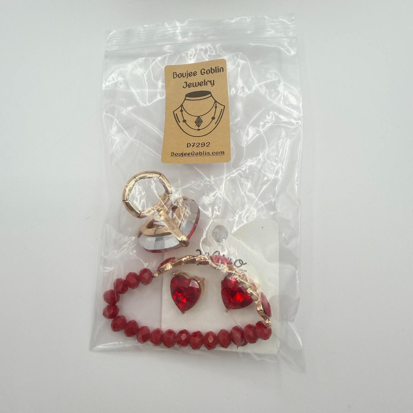 Vintage Gold Tone Red Crystal Heart Jewelry Set Ring Bracelet Post Stud Earrings