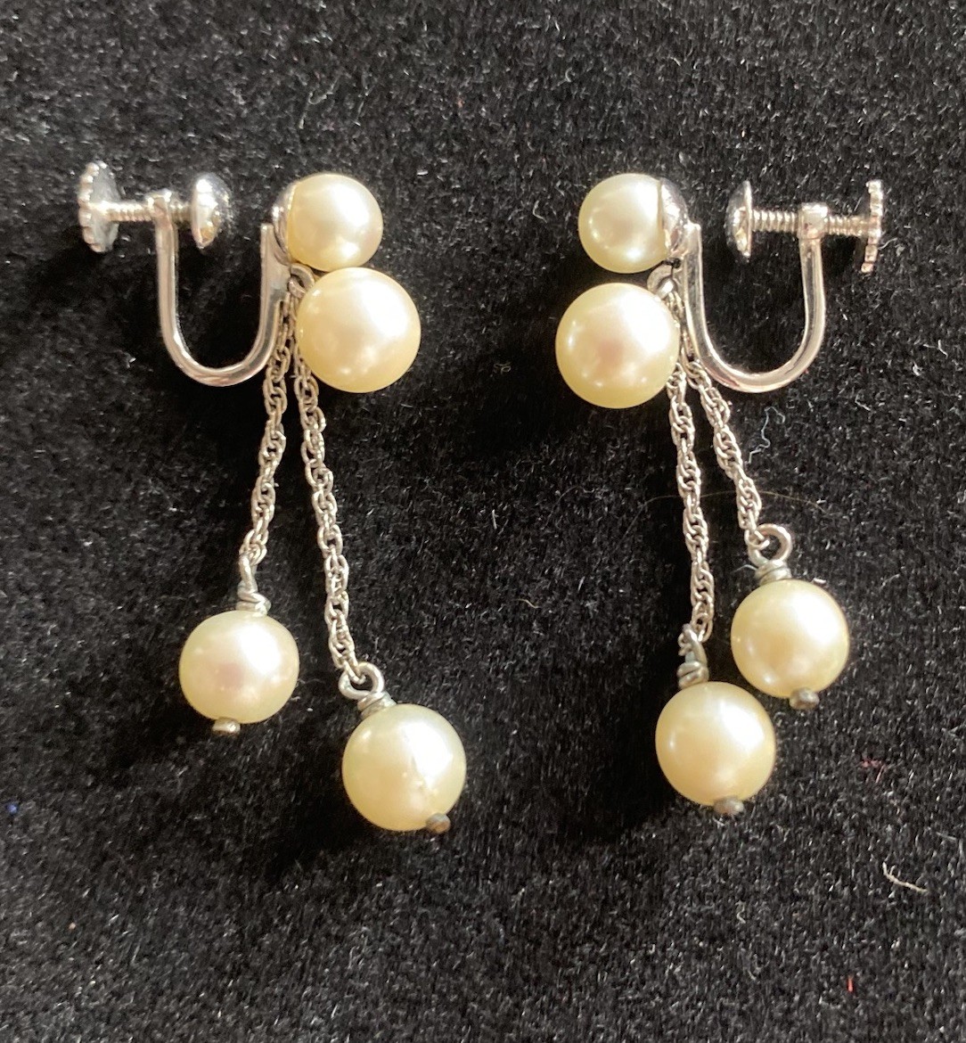 Earrings Champagne Pearls & White Gold 10K Dangle Drop w/ Screw Backs Vintage