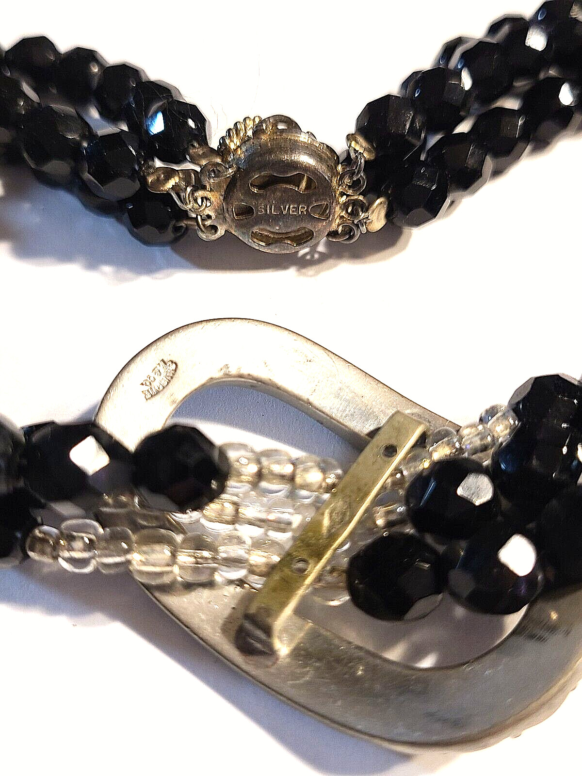VINTAGE STUNNING 3 STRAND BLACK FACETED GLASS SIGNED SILVERITE NECKLACE