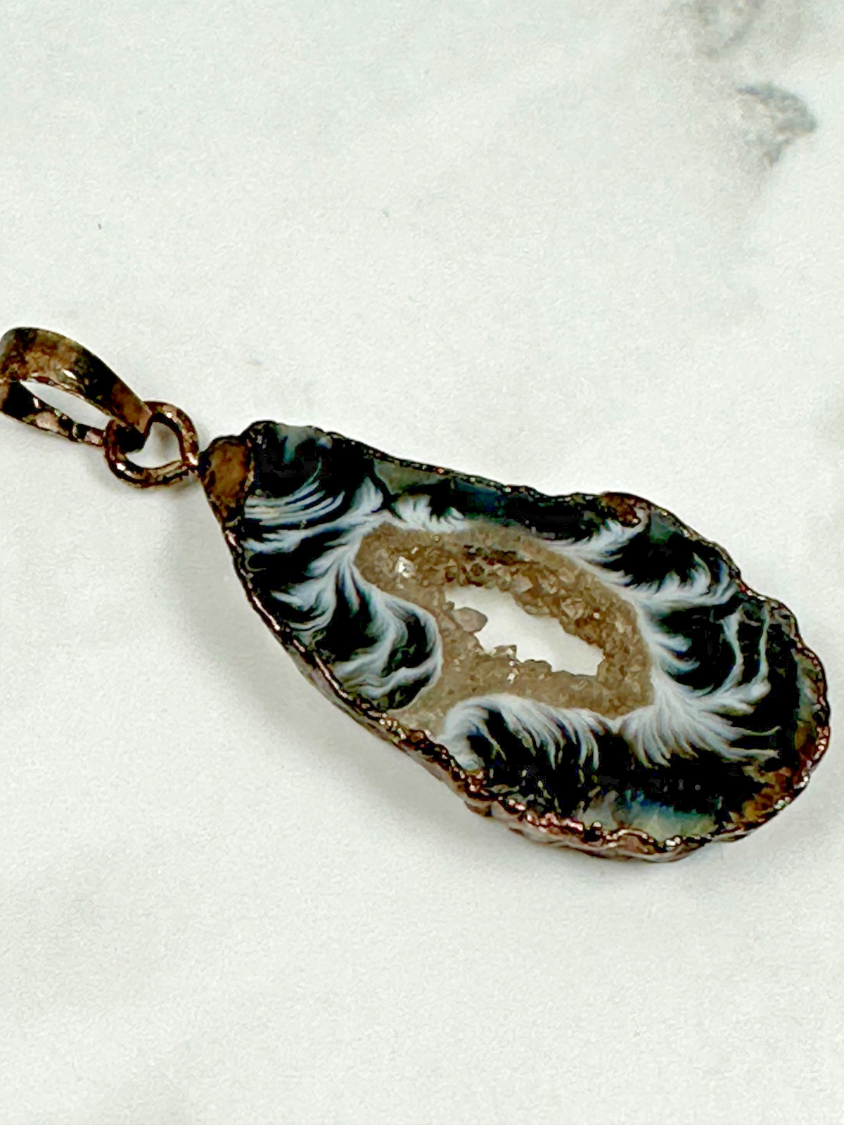 Natural Geode Druzy Pendant in Copper Ribbon Wrapping – 2″ Long