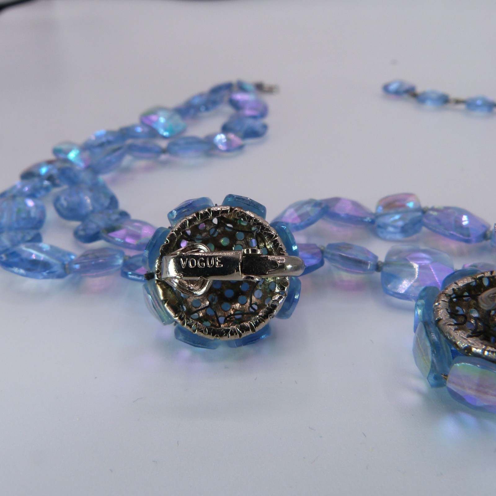 Vintage Signed Vogue Double Strand Blue AB Crystal Necklace And Clip Earrings
