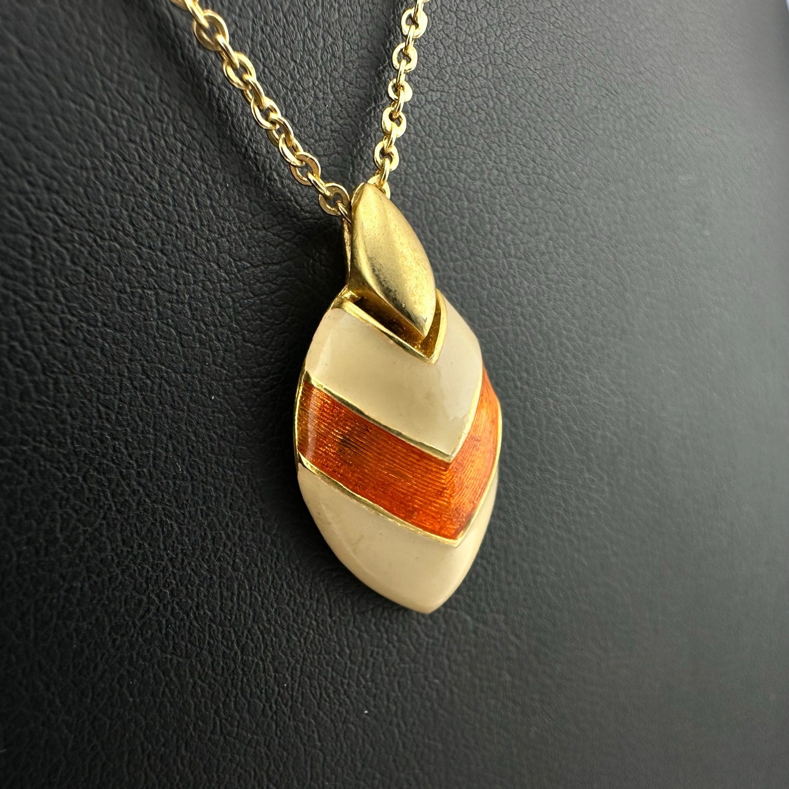 Vintage Art Deco Revival Cream Enamel Orange Resin Gold Tone 15.5” Necklace