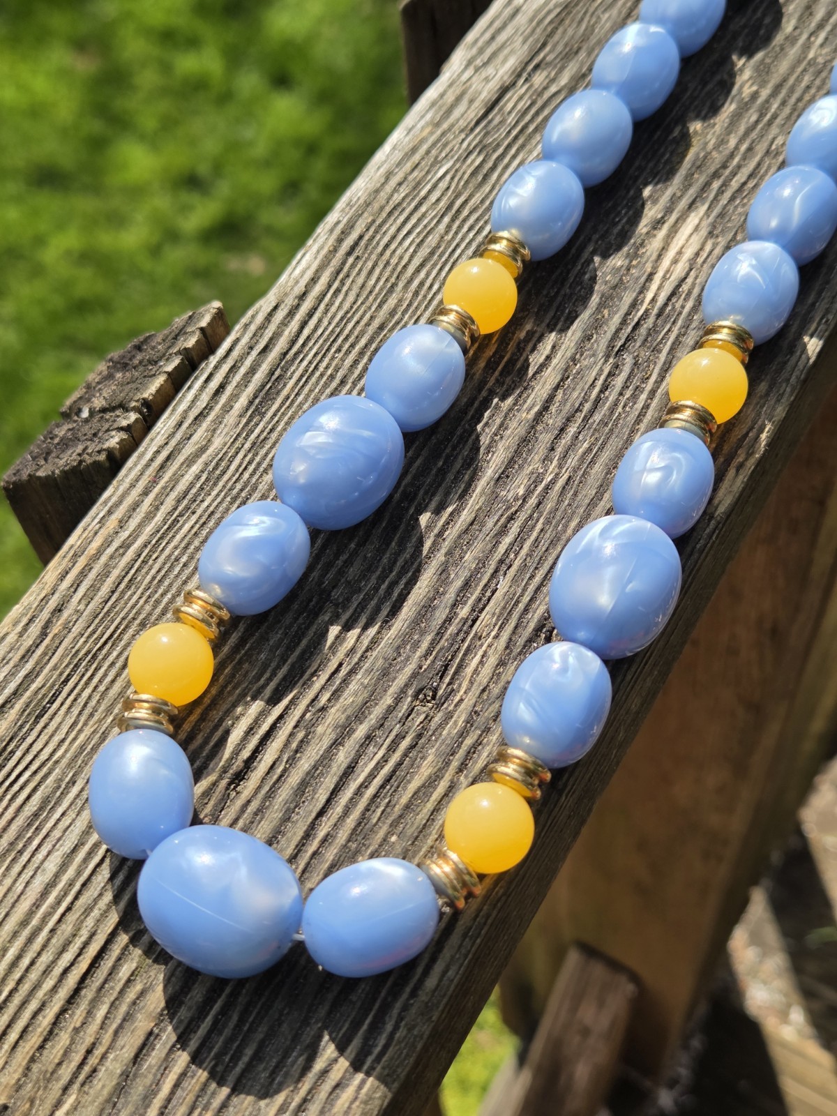 Vintage Avon Lucite Moon Glow Necklace 80s Blue Orange Gold Tone Plastic Beaded